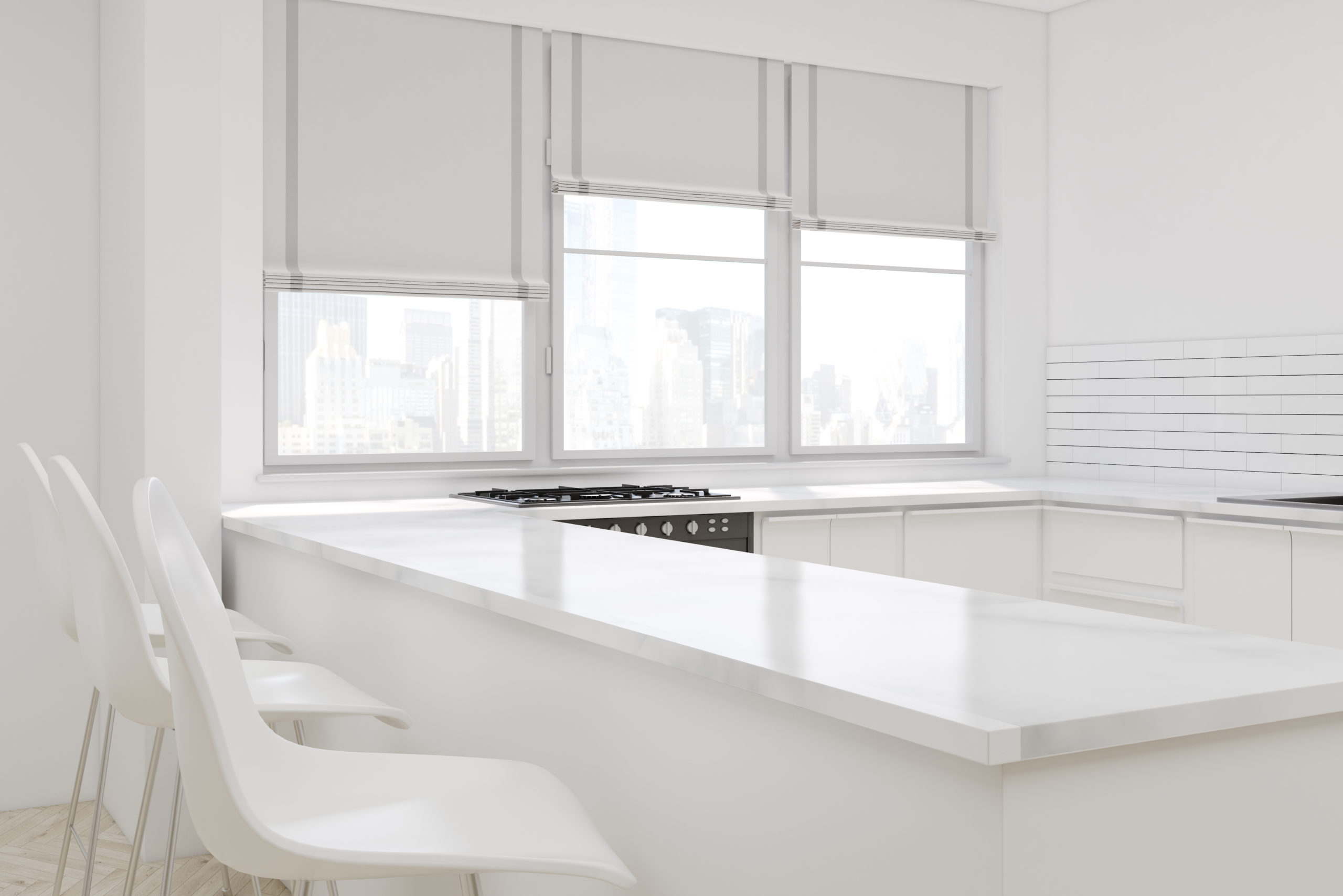 White kitchen with automated window shades